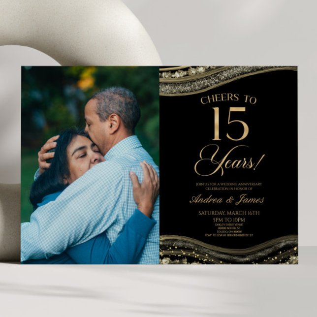 Black Gold Agate 15th Wedding Anniversary Party Invitation (Creator Uploaded)