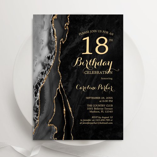 Black Gold Agate 18th Birthday Invitation