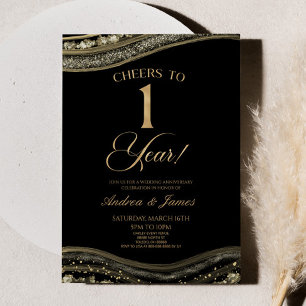 Black Gold Agate 1st Wedding Anniversary Party Invitation