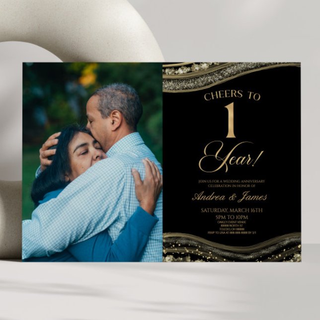 Black Gold Agate 1st Wedding Anniversary Party Invitation (Creator Uploaded)