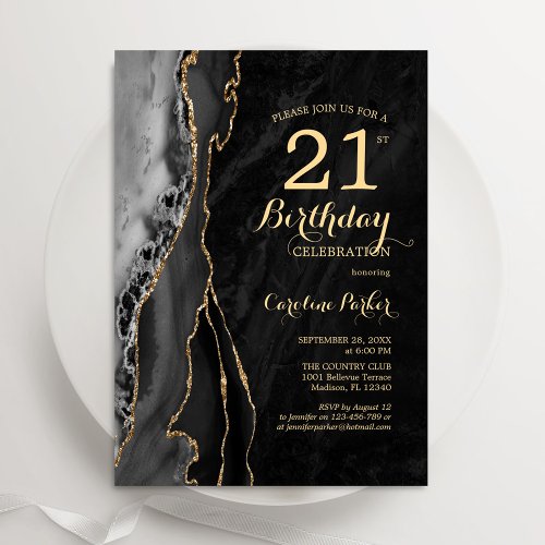 Black Gold Agate 21st  Birthday Invitation