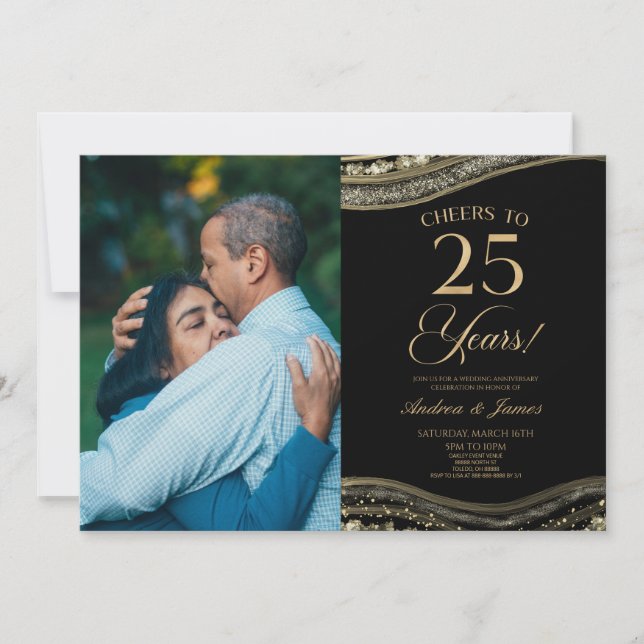 Black Gold Agate 25th Wedding Anniversary Party Invitation (Front)