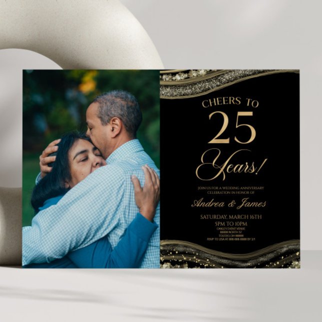 Black Gold Agate 25th Wedding Anniversary Party Invitation (Creator Uploaded)