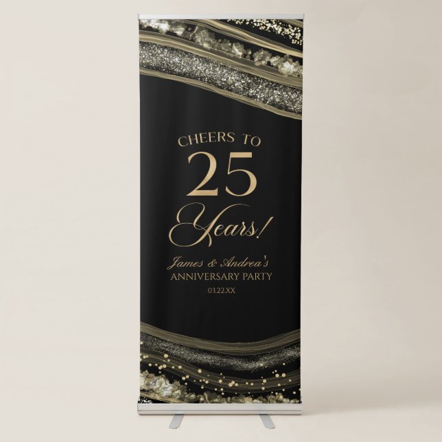 Black Gold Agate 25th Wedding Anniversary Party Retractable Banner (Front)