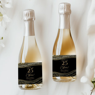 Black Gold Agate 25th Wedding Anniversary Party Sparkling Wine Label