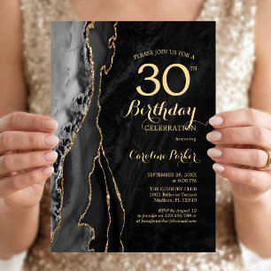 Black Gold Agate 30th Birthday Invitation