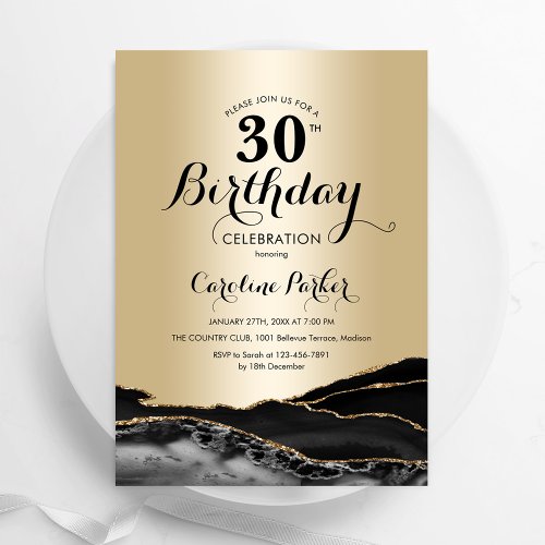 Black Gold Agate 30th Birthday Invitation