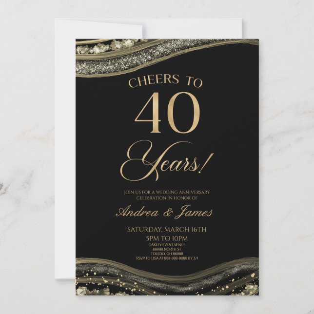 Black Gold Agate 40th Wedding Anniversary Party Invitation (Front)