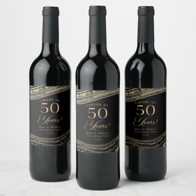 Black Gold Agate 50th Wedding Anniversary Party Wine Label (Bottles)