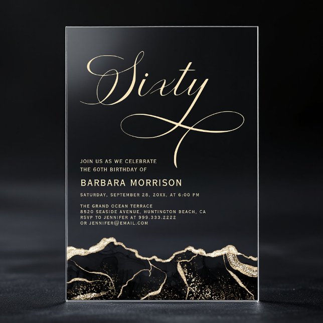 Black Gold Agate 60th Sixty Birthday Party Acrylic Invitations (Creator Uploaded)