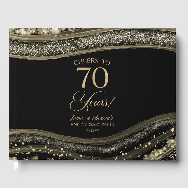 Black Gold Agate 70th Wedding Anniversary Party Guest Book (Front)
