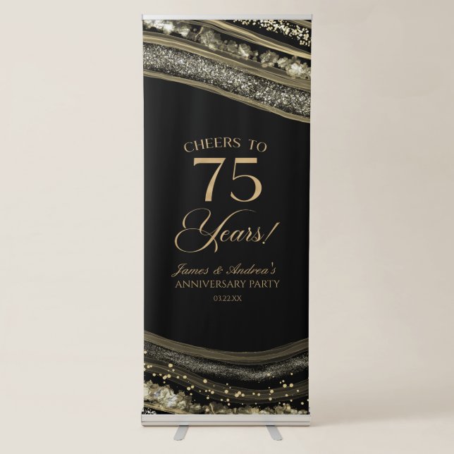 Black Gold Agate 75th Wedding Anniversary Party Retractable Banner (Front)