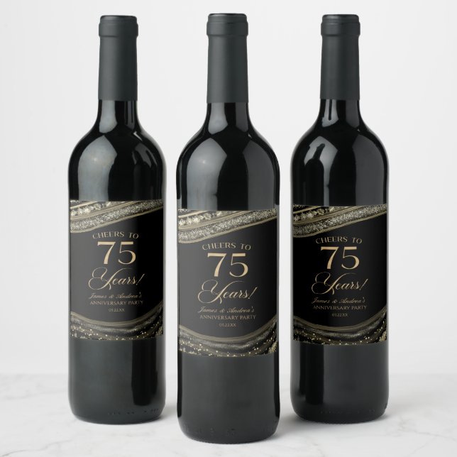 Black Gold Agate 75th Wedding Anniversary Party Wine Label (Bottles)