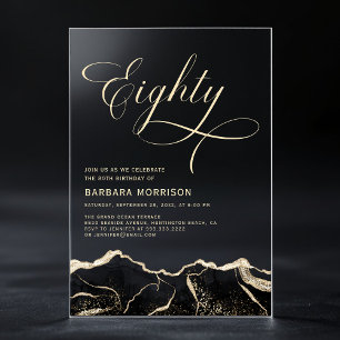 Black Gold Agate 80th eighty Birthday Party Acrylic Invitations