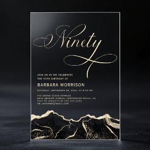 Black Gold Agate 90th Ninety Birthday Party Acrylic Invitations