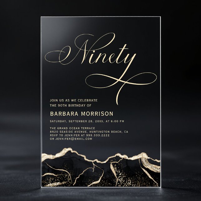 Black Gold Agate 90th Ninety Birthday Party Acrylic Invitations (Creator Uploaded)