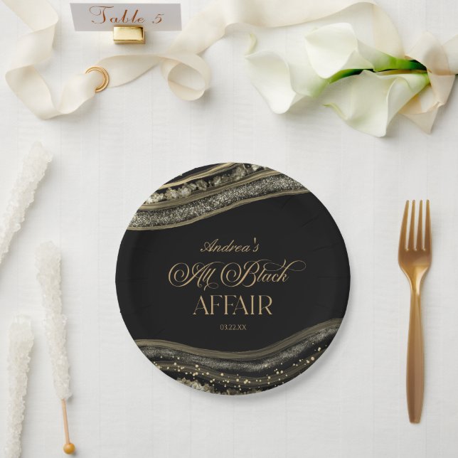 Black Gold Agate All Black Affair Birthday Party Paper Plates (Wedding)
