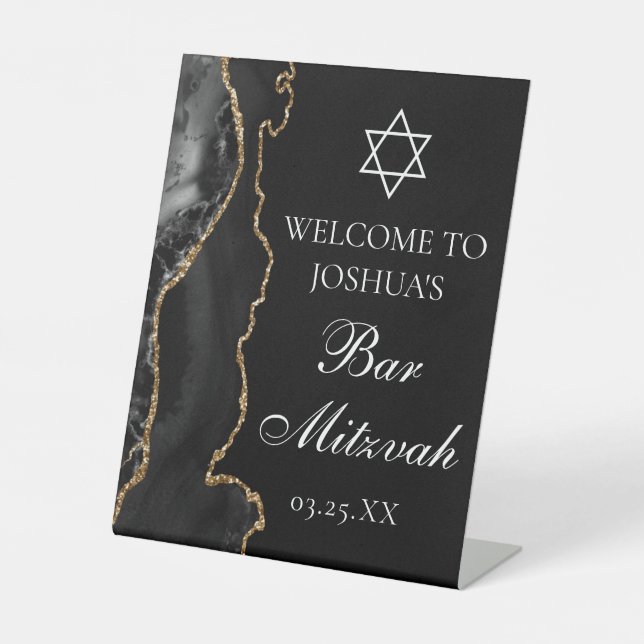 Black Gold Agate Bar Mitzvah Party Welcome Pedestal Sign (Front)