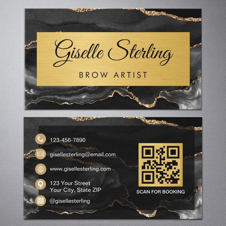 Black Gold Agate Brow Artist Glitter QR Code Business Card