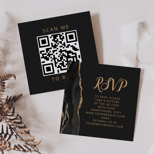 Black Gold Agate Brush Script Wedding QR Code RSVP Enclosure Card