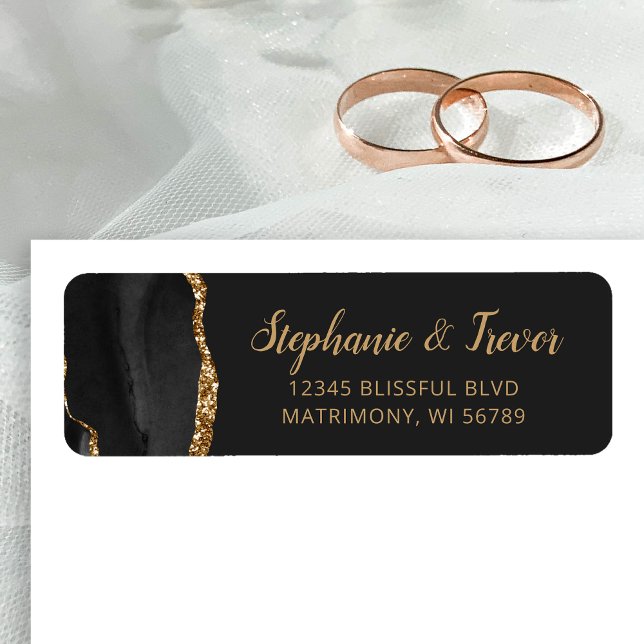 Black Gold Agate Brush Wedding Return Address Label (Creator Uploaded)