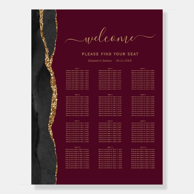 Black Gold Agate Burgundy 12-Table Wedding Seating Foam Board (Front)