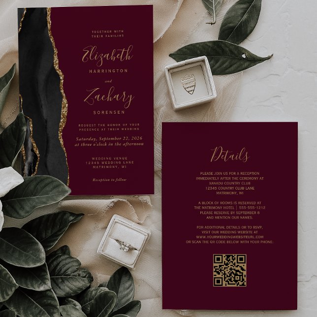 Black Gold Agate Burgundy Red QR Code Wedding Invitation (Creator Uploaded)