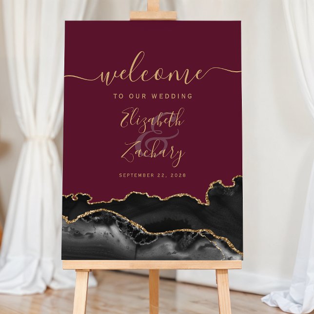 Black Gold Agate Burgundy Red Wedding Welcome Foam Board (Creator Uploaded)