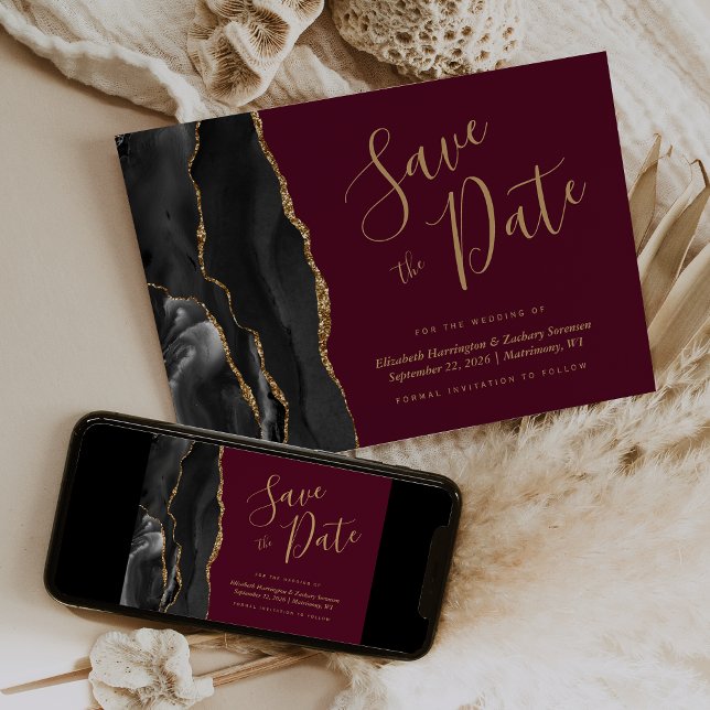 Black Gold Agate Burgundy Save the Date Card (Creator Uploaded)