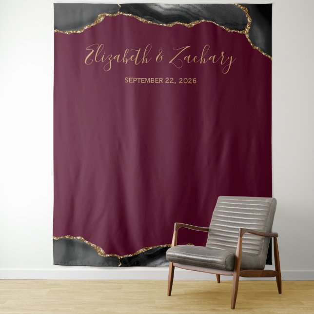 Black Gold Agate Burgundy Wedding Photo Booth Tapestry (In Situ)