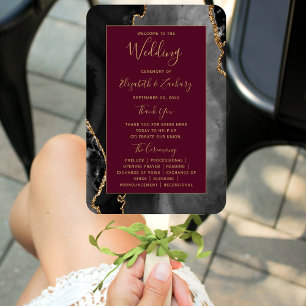 Black Gold Agate Burgundy Wedding Program Hand Fan