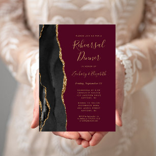 Black Gold Agate Burgundy Wedding Rehearsal Dinner Invitation