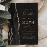 Black Gold Agate Dark 30th Birthday Party Invitation<br><div class="desc">The left-hand edge of this elegant modern 30th birthday party invitation features a black watercolor agate border trimmed with gold faux glitter. The customizable text combines gold-colored handwriting,  copperplate and italic fonts on a slate black background. The reverse side features a matching black and gold agate design.</div>