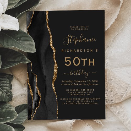 Black Gold Agate Dark 50th Birthday Party Invitation