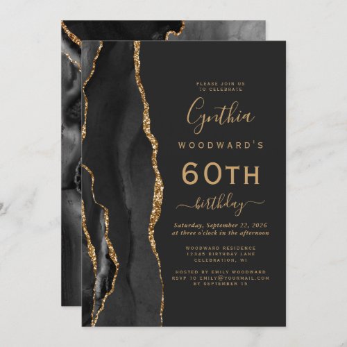 Black Gold Agate Dark 60th Birthday Party Invitation