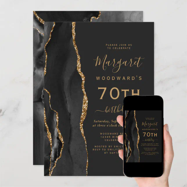 Black Gold Agate Dark 70th Birthday Party Invitation Zazzle