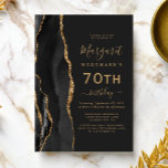 Black Gold Agate Dark 70th Birthday Party Invitation<br><div class="desc">The left-hand edge of this elegant modern birthday party invitation features a black watercolor agate border trimmed with gold faux glitter. The customizable text combines gold-colored handwriting,  copperplate and italic fonts on a slate black background. The reverse side features a matching black and gold agate design.</div>