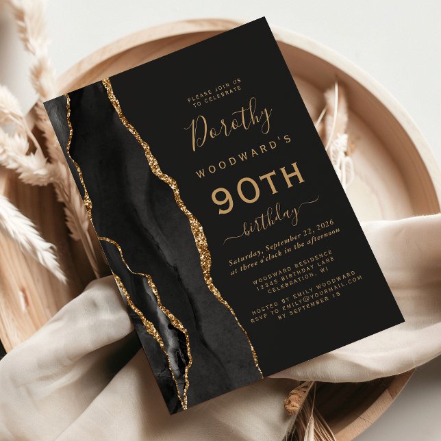 Black Gold Agate Dark 90th Birthday Party Invitation (Creator Uploaded)