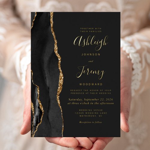 Black Gold Agate Dark Modern Wedding Foil Invitation
