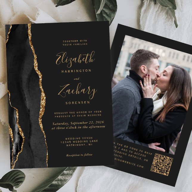 Black Gold Agate Dark Photo QR Code Wedding Invitation (Creator Uploaded)