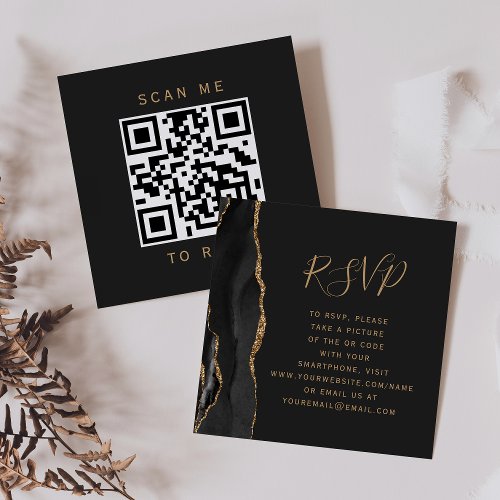 Black Gold Agate Dark Wedding QR Code RSVP Enclosure Card