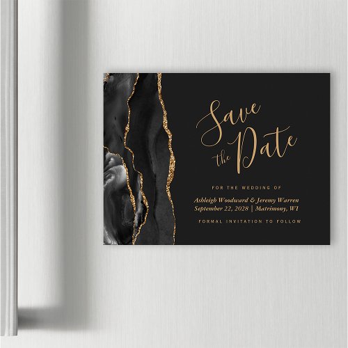 Black Gold Agate Dark Wedding Save the Date Magnet