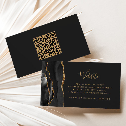 Black Gold Agate Dark Wedding Website QR Code Enclosure Card