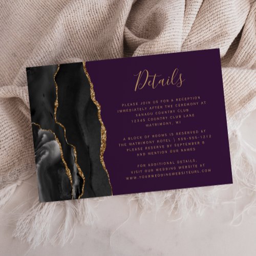 Black Gold Agate Deep Purple Wedding Details Enclosure Card