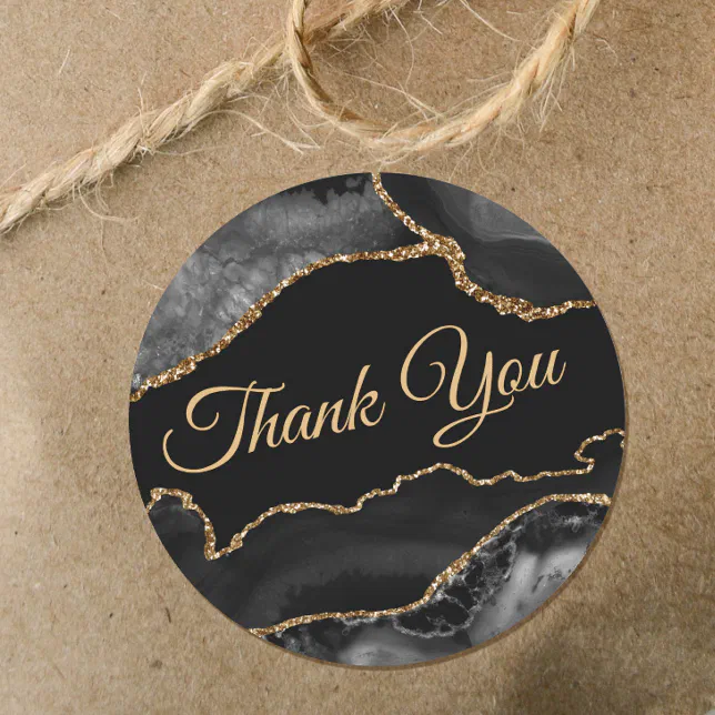 Black gold agate elegant thank you classic round sticker | Zazzle