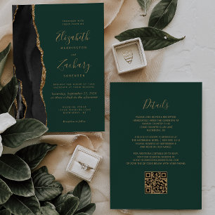 Black Gold Agate Emerald Green QR Code Wedding Invitation