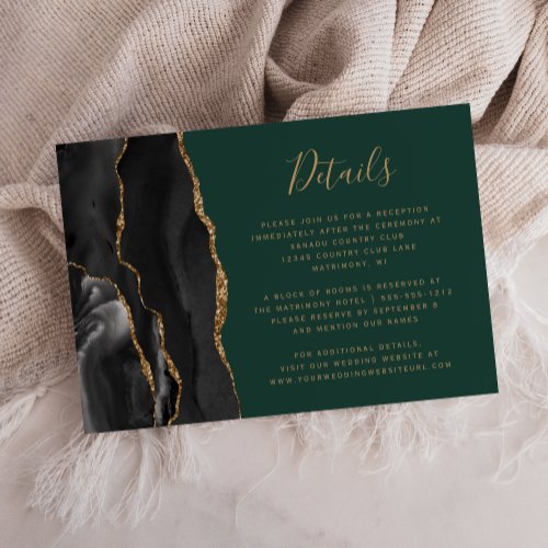 Black Gold Agate Emerald Green Wedding Details Enclosure Card