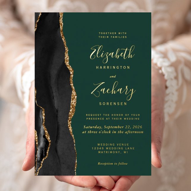 Black Gold Agate Emerald Green Wedding Foil Invitation (Creator Uploaded)