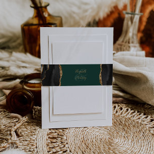 Black Gold Agate Emerald Green Wedding Invitation Belly Band