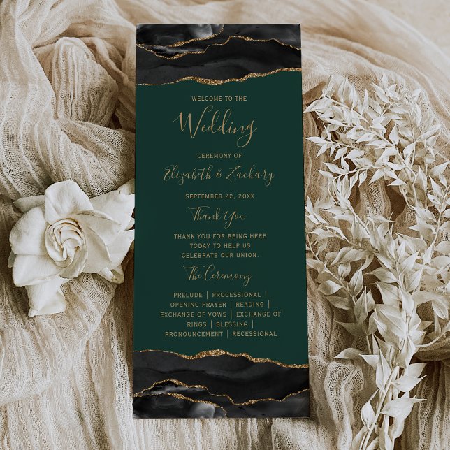 Black Gold Agate Emerald Green Wedding Program (Creator Uploaded)